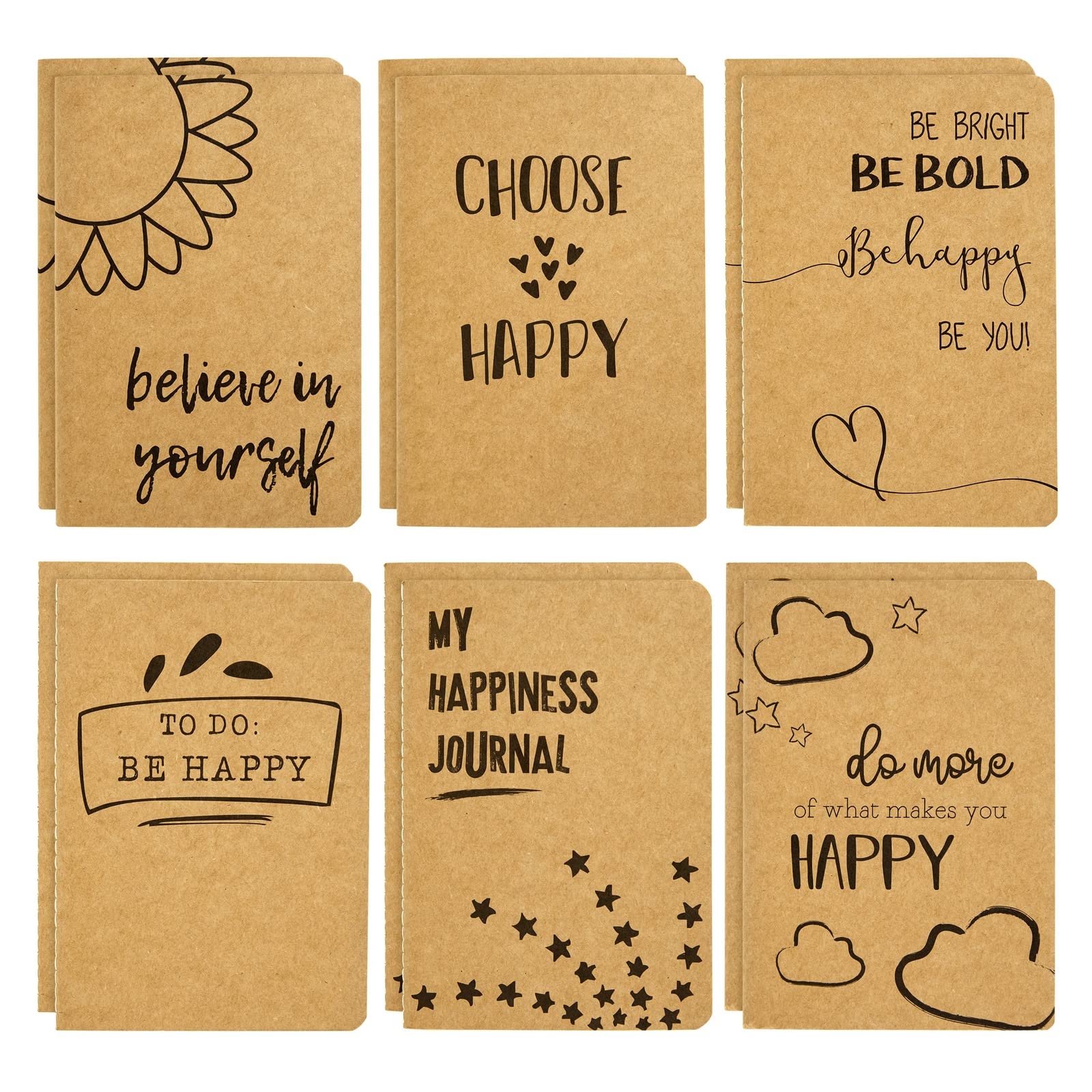 12 Pack Happiness-Themed Journals Bulk Set, Kraft Paper Notebooks With 80 Lined Pages For Kids, Office, School Supplies (4 X 5.7