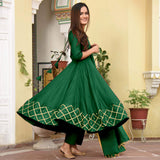 Anni Designer Women'S Rayon Anarkali Gold Printed Kurta And Dupatta Set (Kumt; Green; Large),Green,L,Rayon,Anarkali,Dupatta