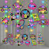 Skyygemm 56 Pcs 80s Hanging Decorations with Lights Back to the 80s Hanging Swirls Retro Hip Hop Paper Cutouts Neon Rock Hippie