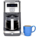 GE Drip Coffee Maker With Timer | 12-Cup Glass Carafe Coffee Pot With Adjustable Keep Warm Plate | Wide Shower Head for Maximum 