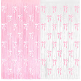 4 Pack Pink Bow Party Backdrop Decoration Pink Bow Foil Fringe Curtains for Girls Bow Birthday Baby Shower Decorations Bridal Sh