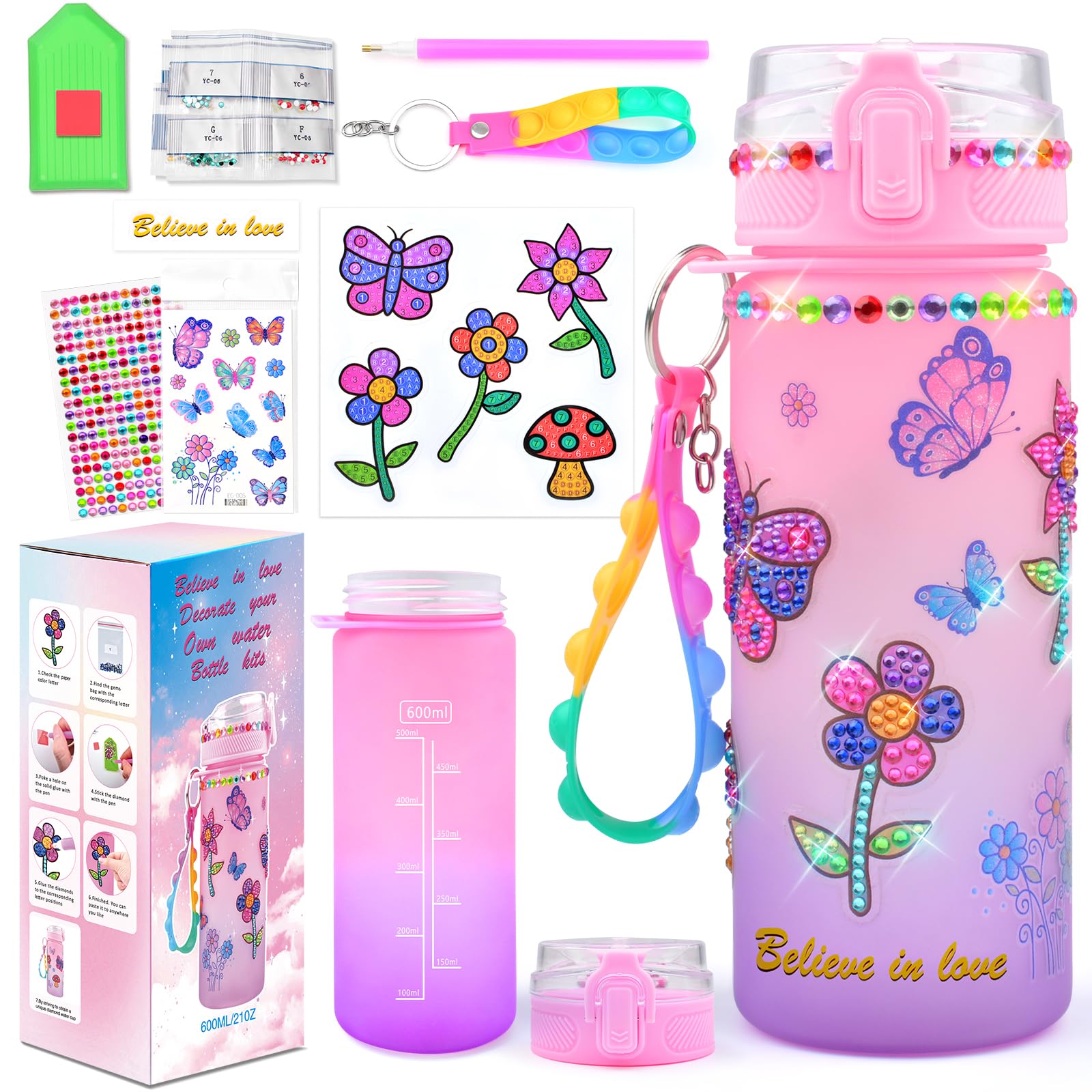 ASIOWELY Decorate Your Own Water Bottle Kits for Girls Age 4-12, Butterfly Flower Diamond Painting Art and Crafts Gift for Boys 