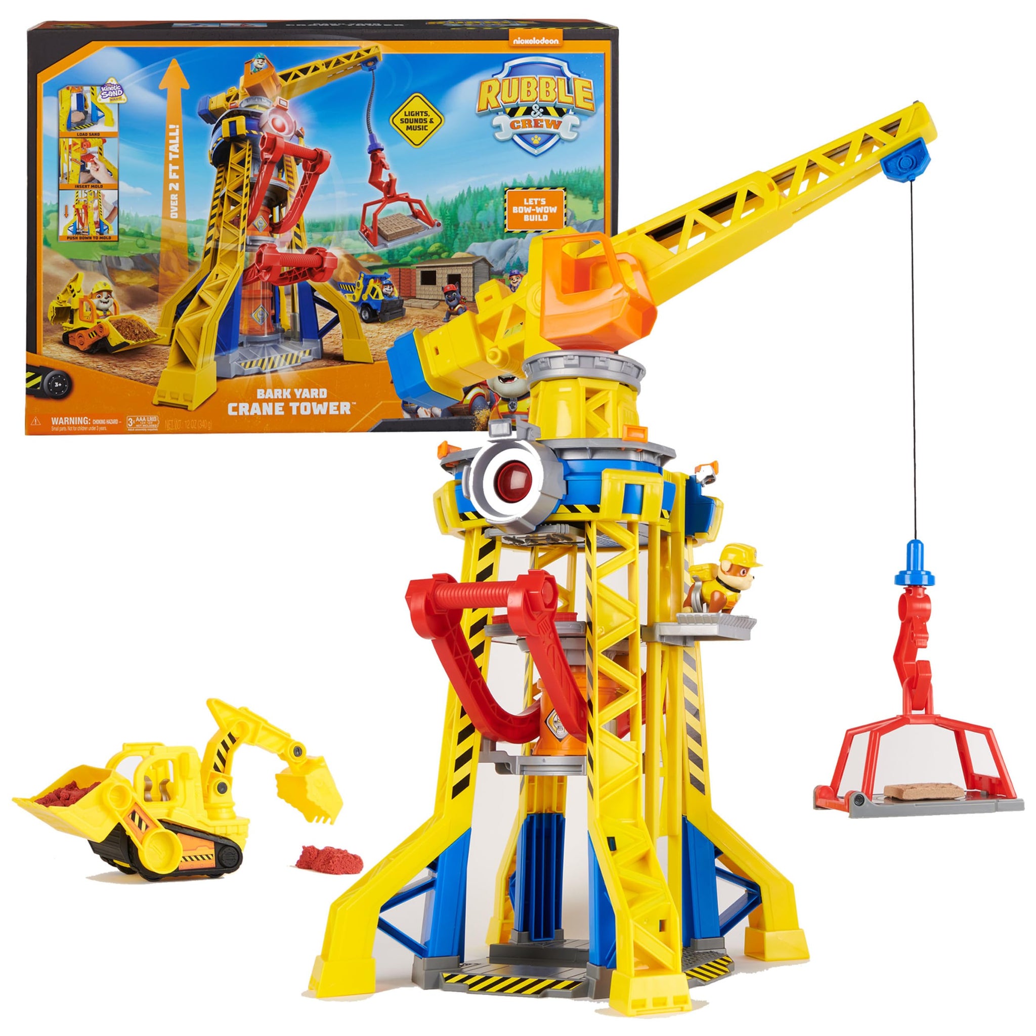 Rubble & Crew, Bark Yard Crane Tower Playset with Action Figure, Toy Bulldozer & Kinetic Build-It Play Sand, PAW Patrol Kids Toy