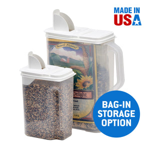Buddeez Pet Food Storage Containers - 2 Count Bird Seed Dispenser with Pour Tight Lids and Easy Pour Spouts, 8 Qt and 3.5 Qt, Bi