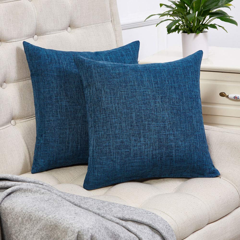 Anickal Set of 2 Dark Blue Pillow covers Rustic Linen Decorative Square Throw Pillow covers 18x18 Inch for Sofa couch Decoration