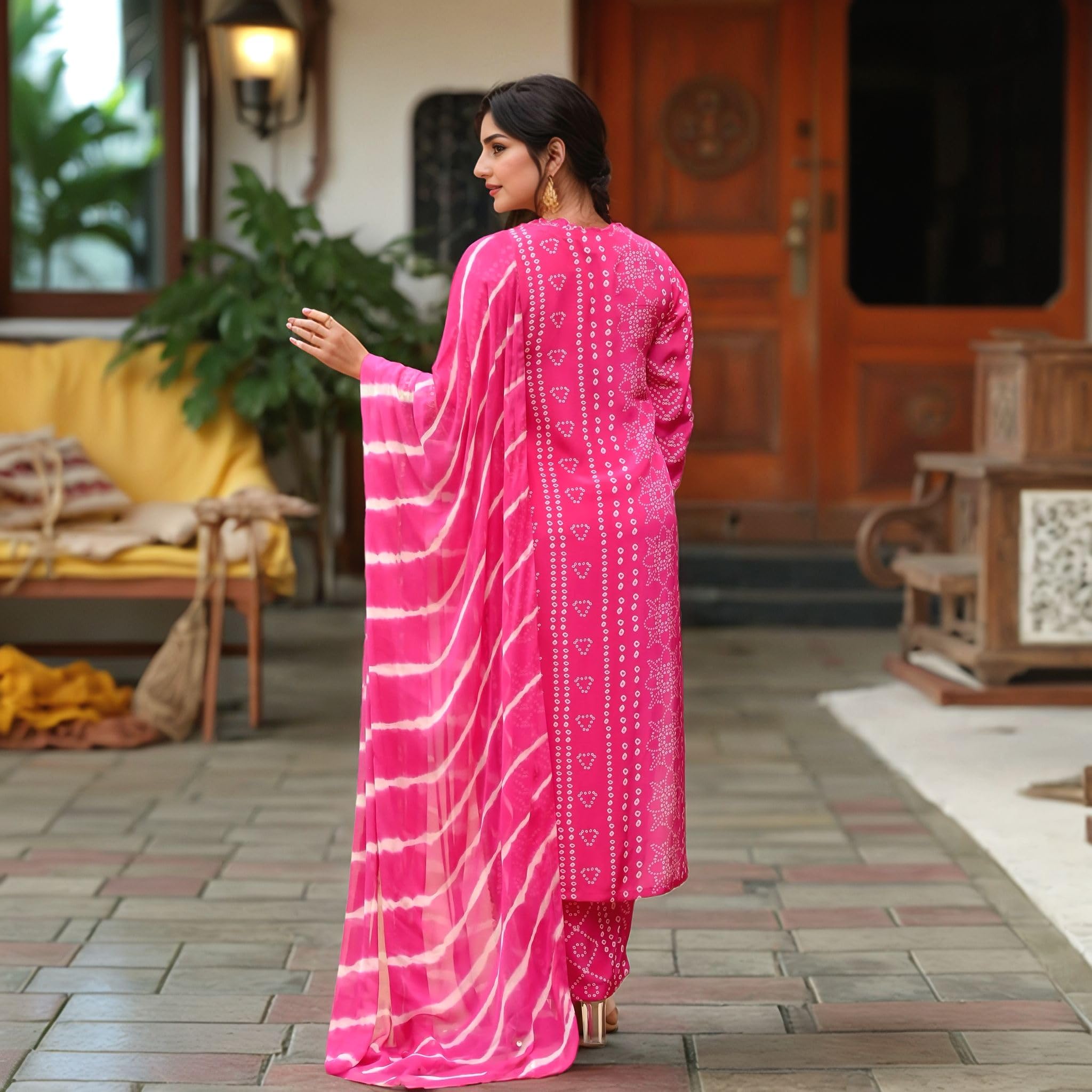 Anni Designer Women'S Rayon Viscose Straight Bandhej Printed Kurta With Pant & Dupatta (Baghira Pink-Vks02_L_Pink_Large),Pink,L,Rayon Viscose,Regular,