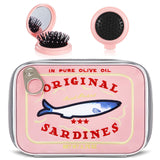 Reginary 2 Pcs Pink Canned Sardines Makeup Bag and Mini Hair Brush with Mirror Cute Cosmetic Bag Folding Hair Brush Kawaii Penci