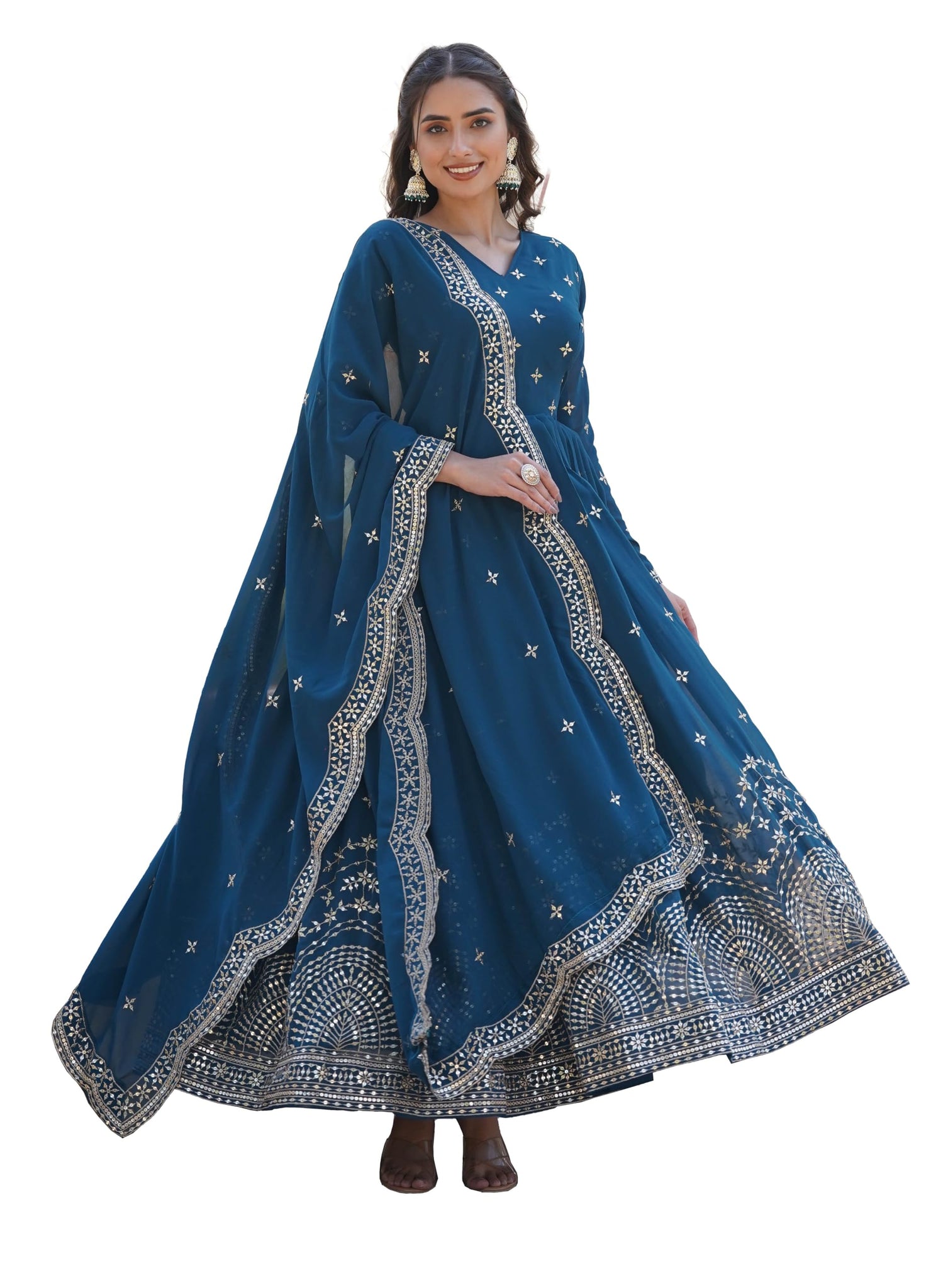 Fashion Basket Turquoise Georgette with Sequins Embroidery Anarkali Kurta Set for Women (IN, Alpha, 2XL, Regular, TURQUOISE)
