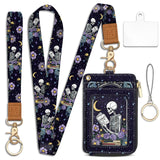 Goth Skeleton Book Lanyard Wallet with ID Badge Holder, Flowers Moon Star Small RFID Wallet Women Keychain Wristlet, Slim Credit