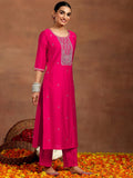 Libas Gerua Womens Embroidered Silk Blend Straight Kurta With Trousers And Dupatta Pink Xl Gs944