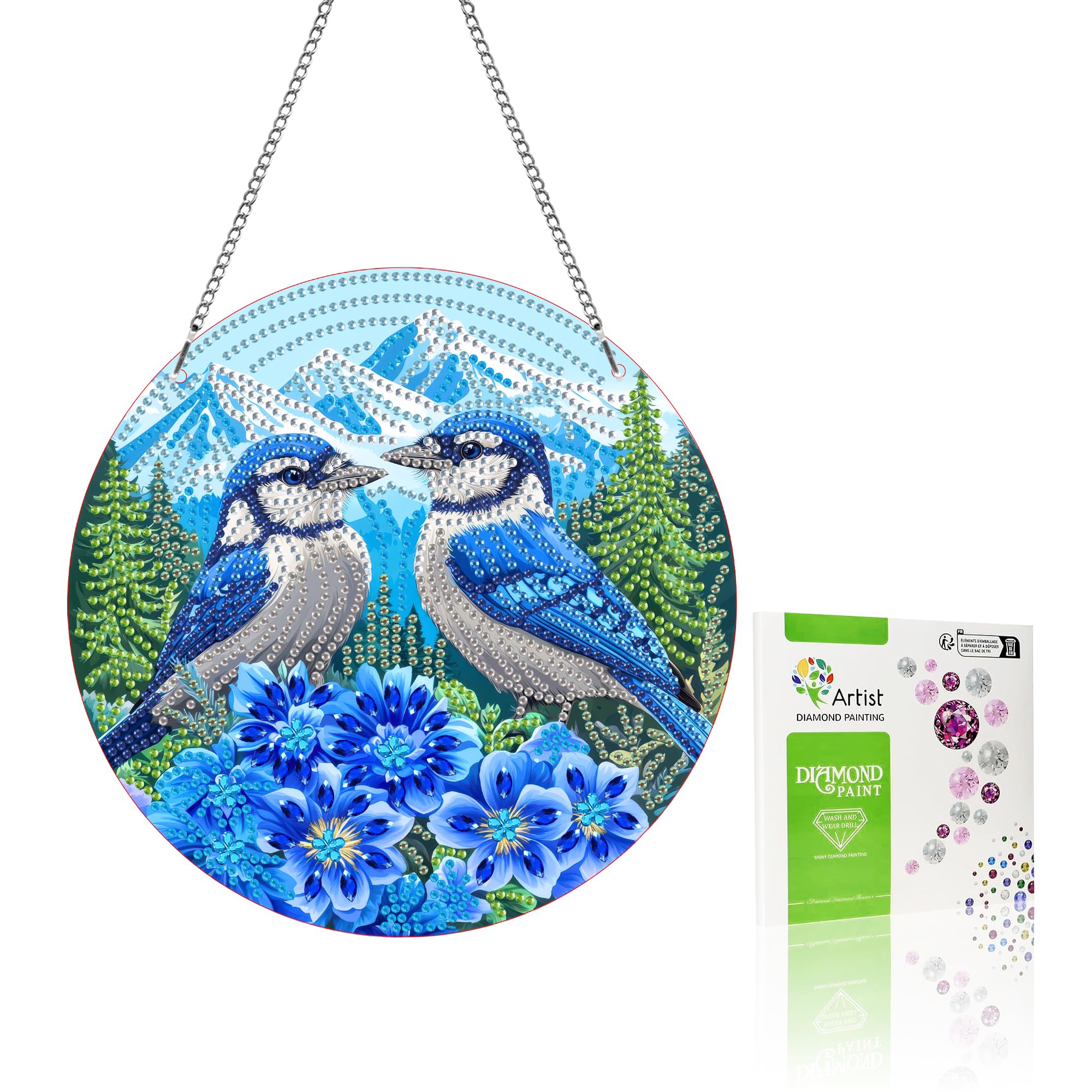 VAIIEYO Bird Diamond Art Hanging Ornament, Flower Diamond Painting Suncatchers Window Hanging Kit with Chain, 7.5x7.5 inch Cryst