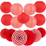 Peywot 15Pcs Red Party Decorations Supplies Set, Hanging Red Paper Lanterns Paper Fans for Home Decor Birthday Wedding Graduatio