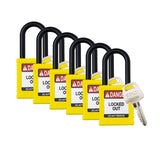 Brady Safety Lockout Padlock Sets - 6 Pack - Yellow - Keyed Different Safety Lockout Padlocks - 1 Key Per Lock - SDPL-YLW-38PL-K