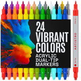 ARTISTRO 24 Acrylic Paint Markers for Rock, Fabric, Wood, Glass, Craft, Decoration - Dual-Tip Paint Pens - Stocking Stuffers, Ch
