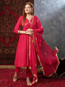 Anni Designer Women'S Cotton Blend Anarkali Printed Kurta With Pant & Dupatta (Shrinika Pink-Jl_Xl_Pink_X-Large),Pink,XL,,,