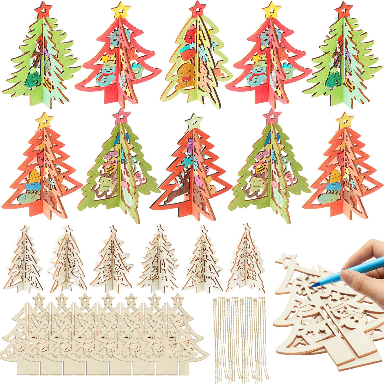 Chunful 48 Pcs/ 24 Set DIY 3D Christmas Tree Wood Crafts to Paint, Unfinished Gingerbread Snowman Elk Cutouts Wood Ornament, Hol