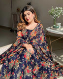 Anni Designer Women'S Georgette Anarkali Printed Kurta With Pant & Dupatta (Atasi Blue_M_Dark Blue_Medium),Dark Blue,M,Georgette,Anarkali,Dupatta