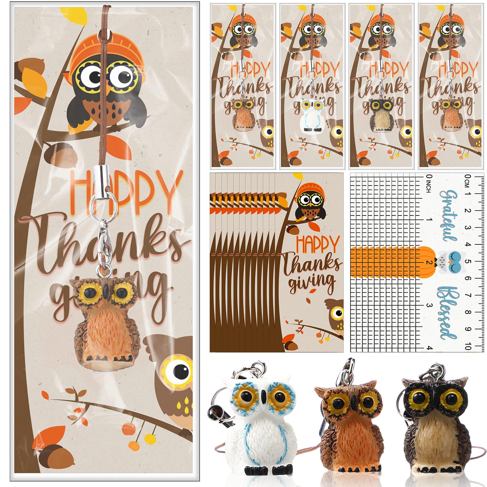 ForraFun 24 Sets Thanksgiving Gifts Bulk Cute Animal Keychains Bookmarks with Ruler Happy Thanksgiving Party Favors Autumn Prize