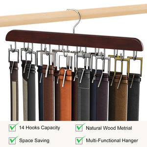 Resovo Belt Hanger for Closet Max 42 Belts, Belt Organizer Closet Accessories with 14 Hooks Belt Rack Sturdy Wood for Closet Org