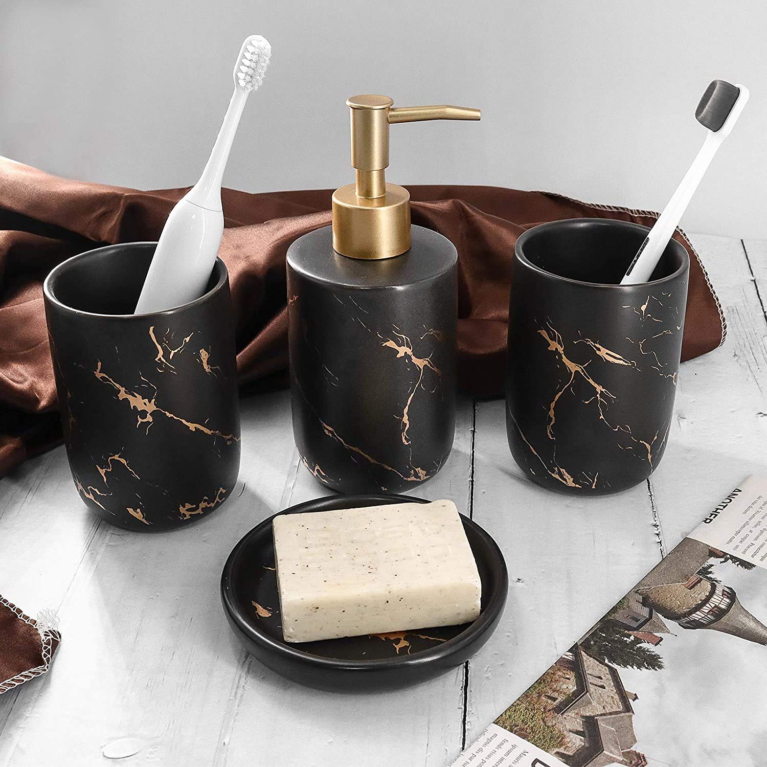 Qulable Black Bathroom Accessories Set Complete, 4 Pcs Ceramic Bathroom Decorations Accessories Sets Includes Lotion Dispenser,