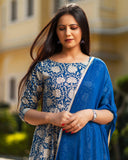 Anni Designer Women'S Rayon Blend Bagru Printed Anarkali Kurta With Pant & Dupatta (Sukhkarni-Blue_M_Blue_Medium),Blue,M,,,