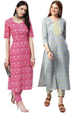 Gosriki Women'S Cotton Blend Printed Straight Kurta With Pant Pack Of 2 (Combo-Azrak-Mikaa-Gs_Xl_Multi_X-Large) Multicolour,Multicolour,,B0CM9LF78P