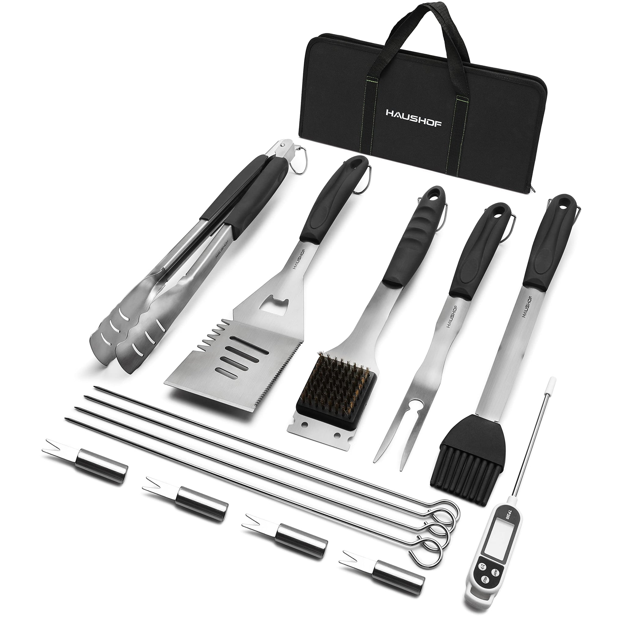 HAUSHOF Large Grilling Accessories, BBQ Grill Set, Heavy Duty Stainless Steel Barbecue Utensils with 16-1/2 Spatula, Brush, Fo
