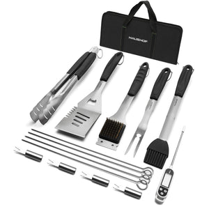 HAUSHOF Large Grilling Accessories, BBQ Grill Set, Heavy Duty Stainless Steel Barbecue Utensils with 16-1/2 Spatula, Brush, Fo