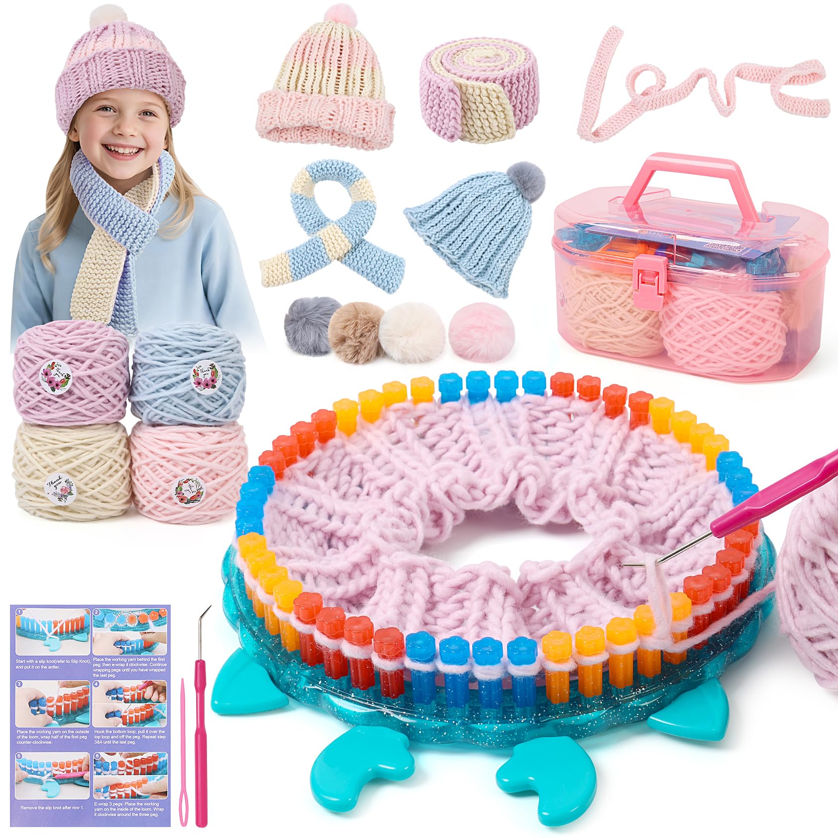 IQKidz Hat Knitting Loom Kit, Kids Craft Kits for Girls Ages 7 8-12 Years and Up, Fun DIY Gift for Girls & Teens to Make Pom Pom