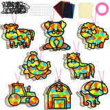 QOUBAI 32 Sets Farm Animals Suncatchers Craft Kit DIY Window Stained Glass Effect Cow Horse Chicken Paper Craft Home School Clas