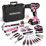 WORKPRO 20V Pink Cordless Drill Driver and Home Tool Set, 141PCS Hand Tool Kit for DIY, Home Maintenance, 2.0 Ah Liion Battery,