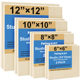 Falling in Art Unfinished Birch Wood Canvas Panels Kit, 8 Pack of 4 Sizes Studio 3/4 Deep Cradle Boards for Pouring Art, Crafts,