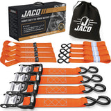 JACO Heavy Duty Ratchet Straps 1.6 inch x 8 ft (4 Pack) | Tie Down Kit with Soft Loops 5,208 lbs (Orange)
