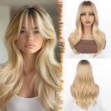 BARSDAR Ombre Blonde Layered Wig with Bangs - 20 Inch Blonde Ombre Layered Wig with Dark Roots for Women - Natural Looking Soft 