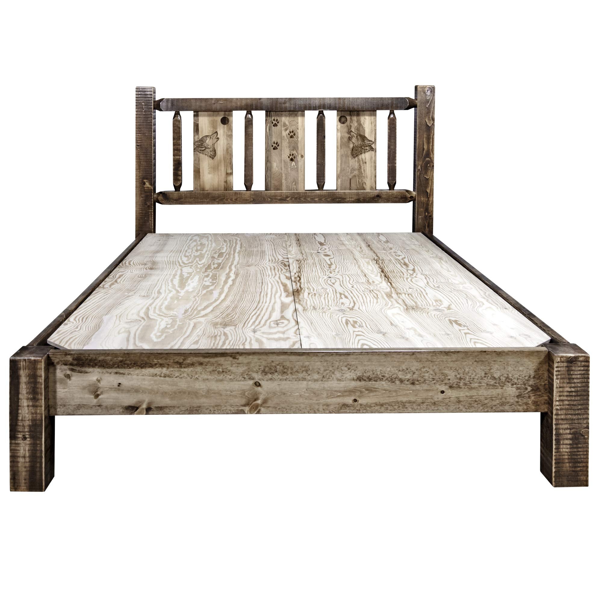 Montana Woodworks Woodworks Homestead Collection Twin Platform Bed, Stain And Clear Lacquer Finish With Laser Engraved Wolf Desi