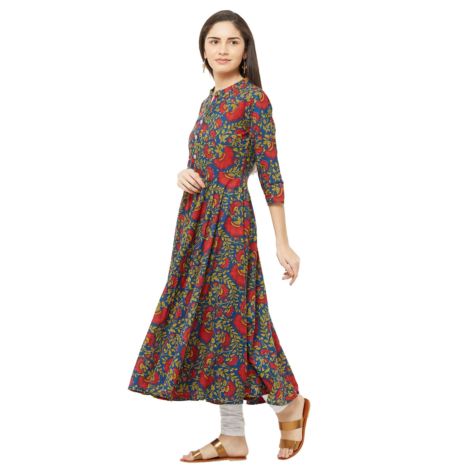 Gosriki Women'S Blue Color Printed Anarkali Cotton Blend Kurti(Radi4084-Blue-S),Blue,,B082Z5X2W1
