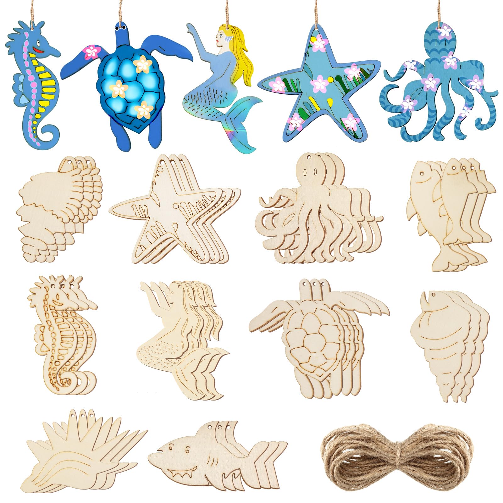 Jetec 30 Pcs Unfinished Wood Ocean Animals Cutouts for Kid Summer Wooden Sea Ornaments to Paint 10 Styles Blank Beach Octopus Me
