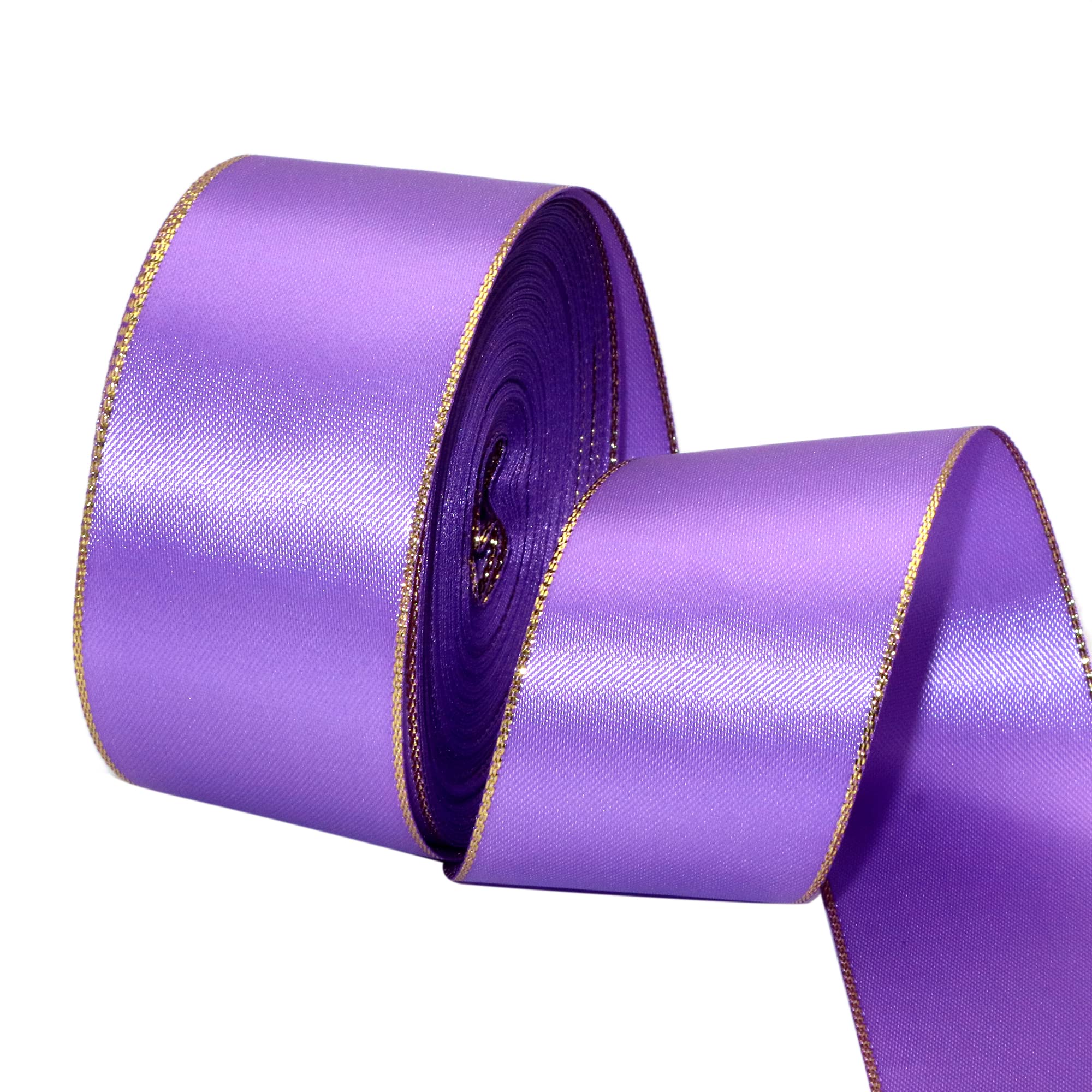David accessories Grape Satin Ribbon with Gold Edges 1.5 Inch Wide 20 Yards, Gold Border Fabric Ribbons for Gift Wrapping DIY Cr