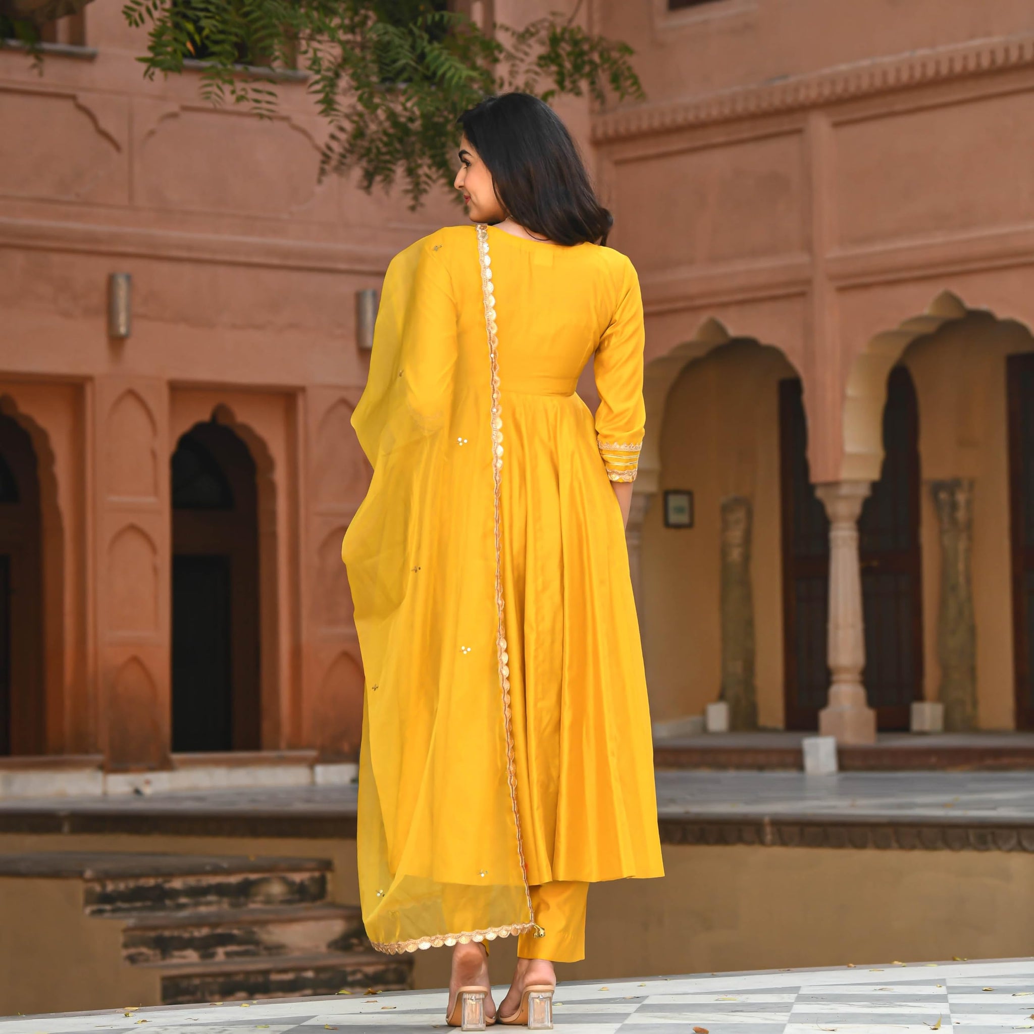 Anni Designer Women'S Rayon Blend Anarkali Solid Kurta With Pant & Dupatta (Sitapati Yellow_L_Yellow_Large),Yellow,L,Rayon Blend,Anarkali,