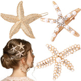 PAGOW 3 PCS Starfish Hair Clips, 3 Styles Gold Rhinestone Pearls Hair Clips, Faux Pearl Crystal Sea Star Wedding Headpiece Hair 