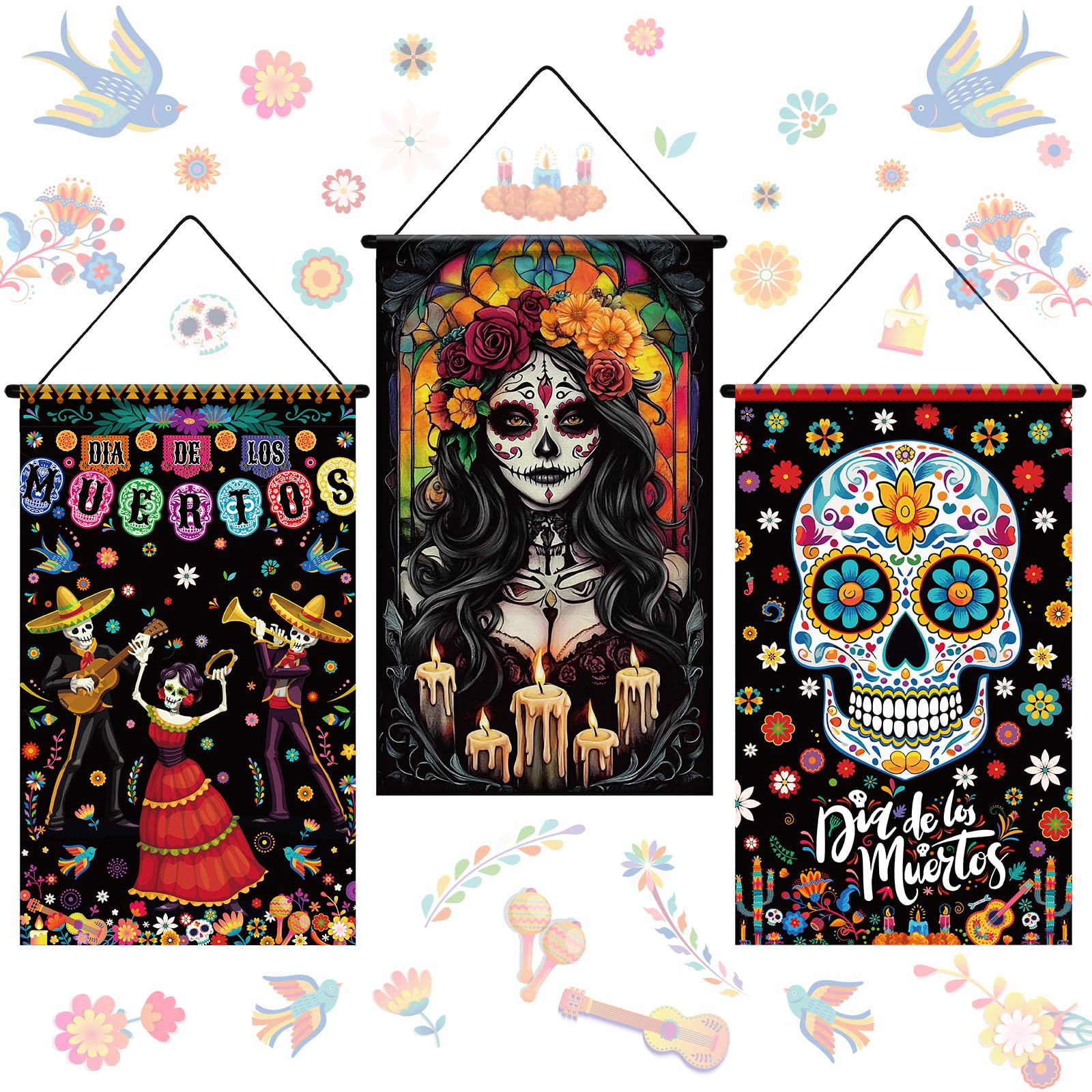 Tegeme 3 Pcs Day of The Dead Door Sign Flag Dia De Los Muertos Front Door Decoration Halloween Hanging Decor Banner Wall Flag Or