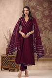 Anni Designer Women'S Rayon Blend Anarkali Solid Kurta With Pant & Dupatta (Nirmooha Wine-Vks01_M_Wine_Medium),Wine,M,,,