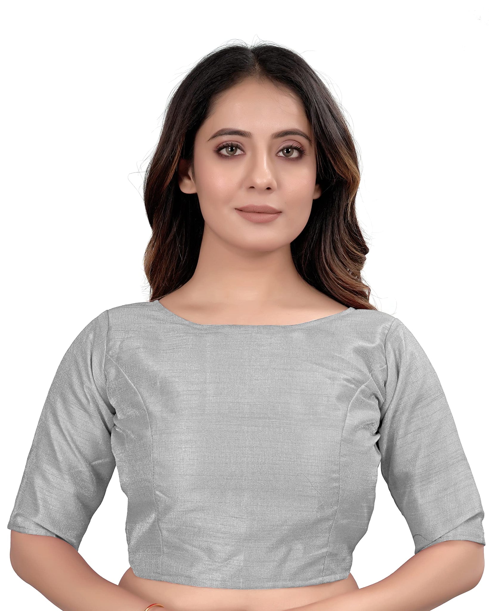 Vihu Fashion Women's Slub Silk Boat Neck with Elbow Length Sleeve Plain Fancy Blouse(Slub Silver_M)