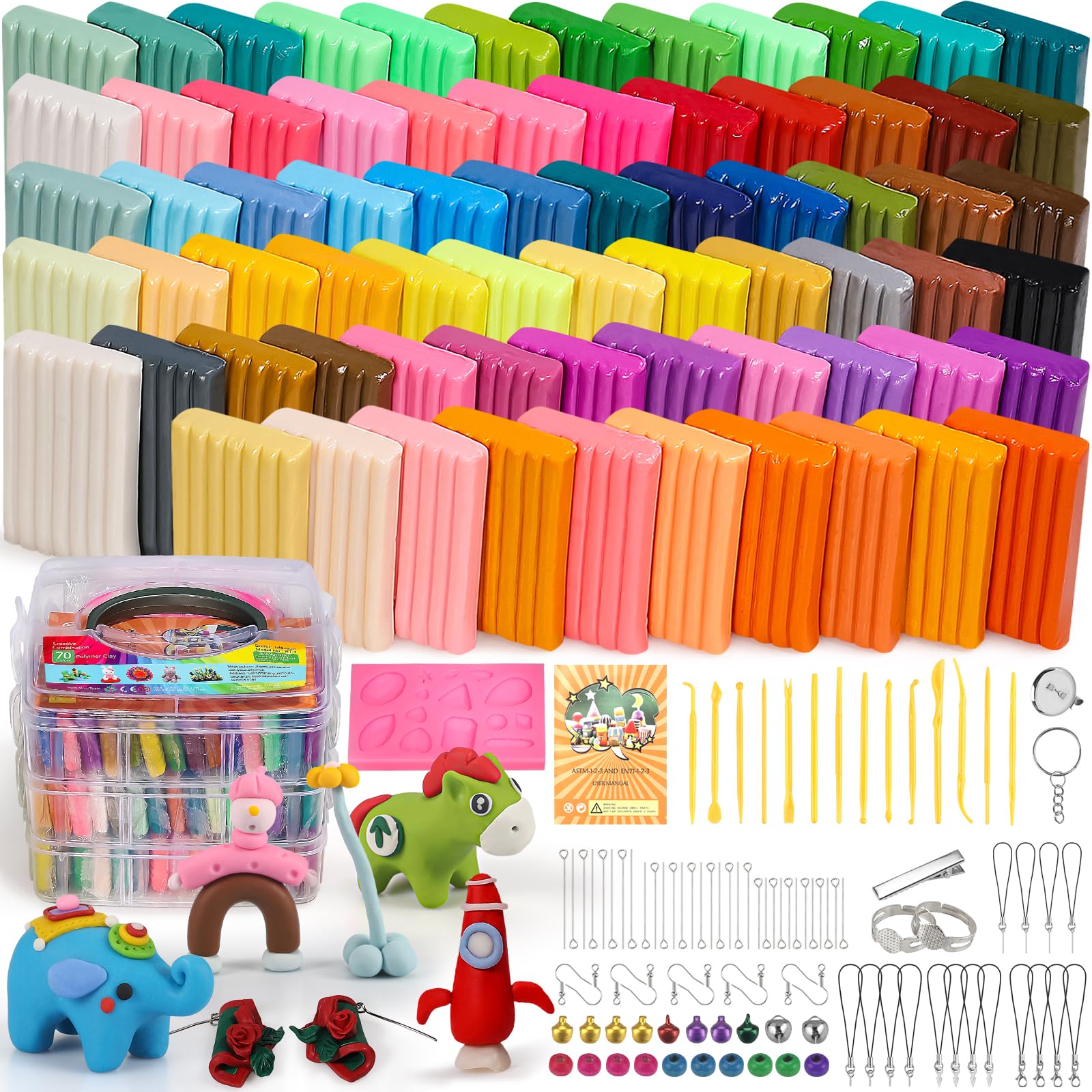 Ixiaoyoo Polymer Clay 70 Colors, Oven Bake Modeling Clay for Kids DIY Starter Kits, Non-Toxic, Non-Sticky, Ideal Gifts for Child