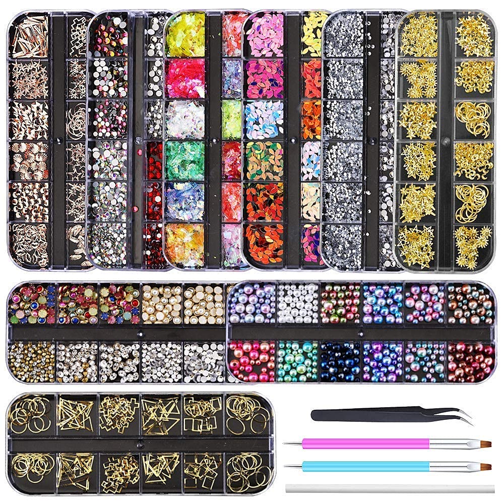 Artdone 9 boxes Nail Rhinestones,Nail Gems Nail Diamonds,Nail Art Studs Nail Crystals Nail Sequins for Nails Kit with 1 Tweezers