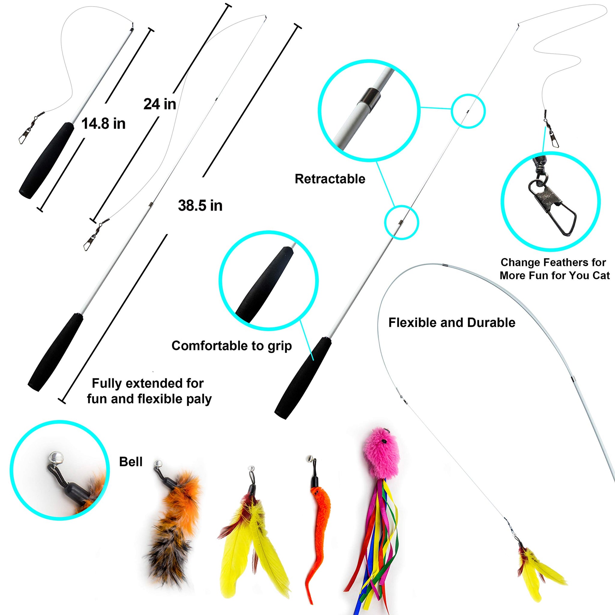 SillyPet Youngever 12 Pieces Cat Toys Teasing Feather Toy, Retractable Wand with Assorted Teaser Refills, Interactive Feather Te