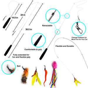 SillyPet Youngever 12 Pieces Cat Toys Teasing Feather Toy, Retractable Wand with Assorted Teaser Refills, Interactive Feather Te