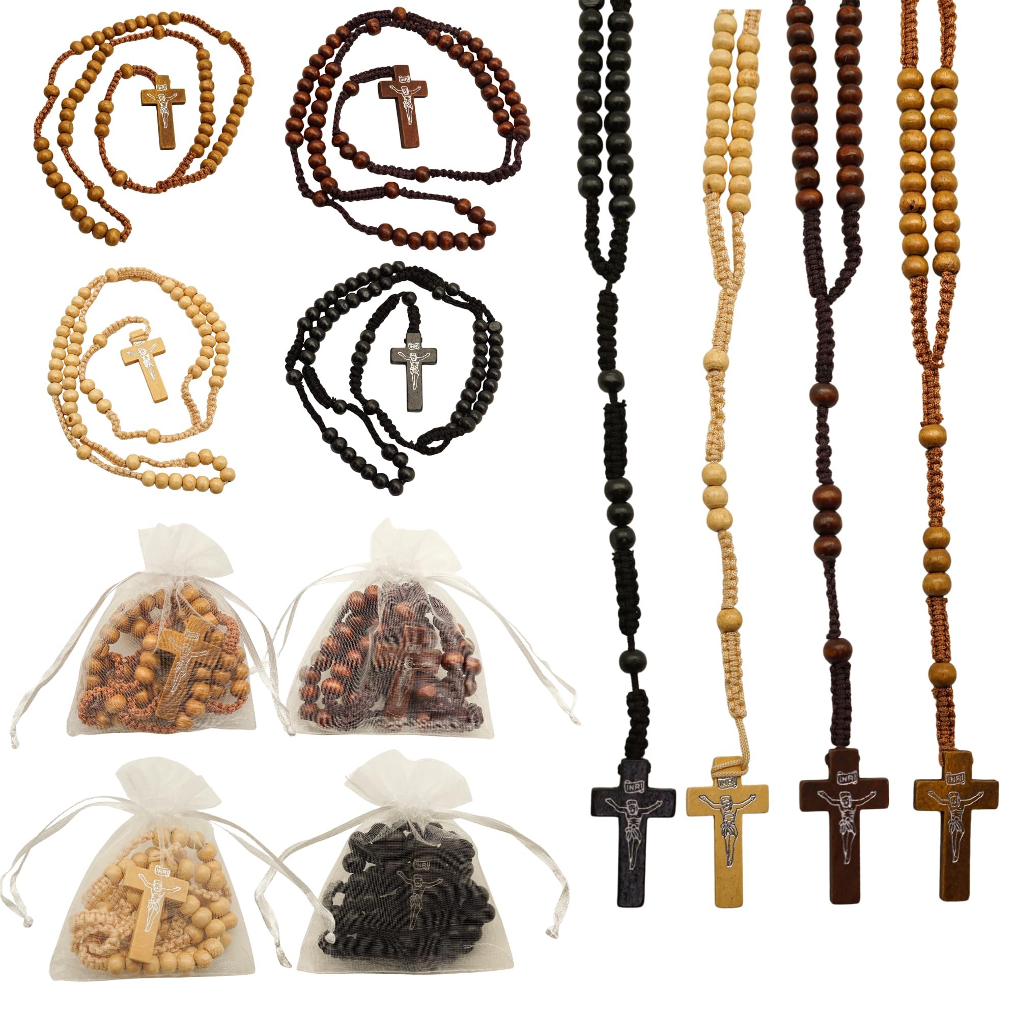 Lassos Boutique Set of 60 Wooden Rosary Prayer Beads Catholic Rosaries Party Favors Jesus Holy Cross First Communion incl. Organ