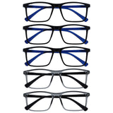 OPULIZE INK Reading Glasses - Value 5 Pack - Large Rectangular Frame - Spring Hinges - Scratch Resistant - Black Grey - Mens Wom