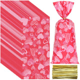 Whaline 120pcs Valentines Day Cellophane Bag 120pcs Twist Ties Pink Heart Party Favour Gift Bags Candy Cookie Goodie Treatment